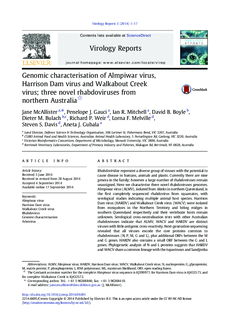 Genomic characterisation of Almpiwar virus, Harrison Dam virus and Walkabout Creek virus; three novel rhabdoviruses from northern Australia 