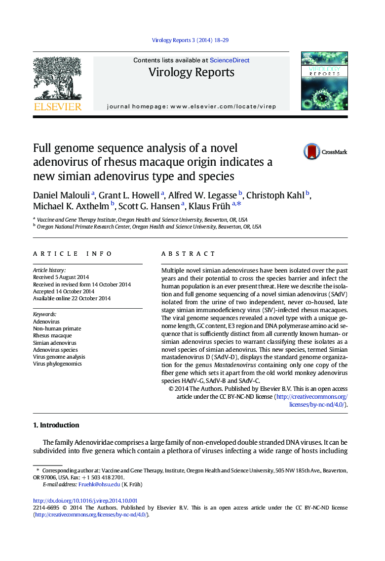 Full genome sequence analysis of a novel adenovirus of rhesus macaque origin indicates a new simian adenovirus type and species 