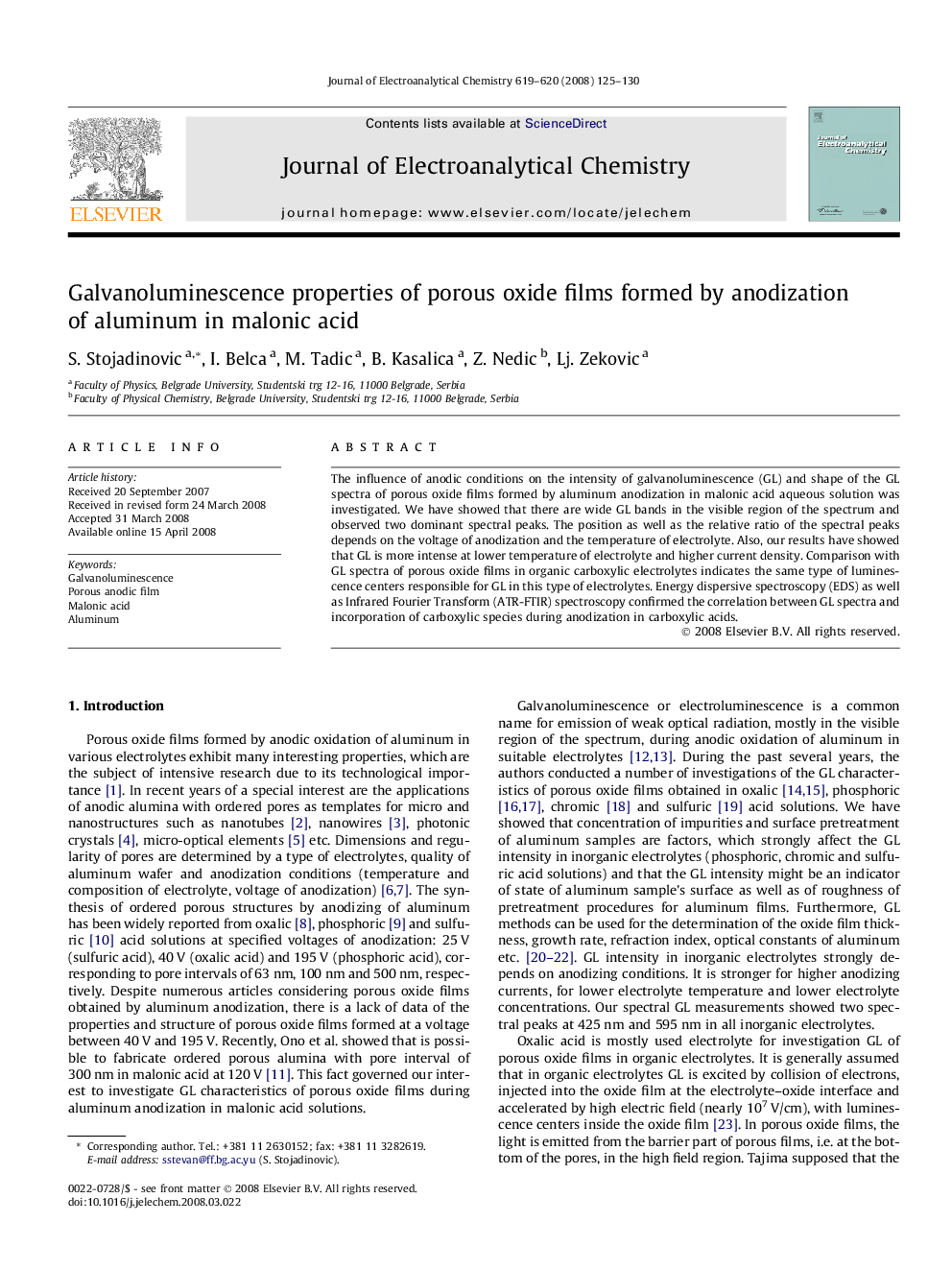 Galvanoluminescence properties of porous oxide films formed by anodization of aluminum in malonic acid