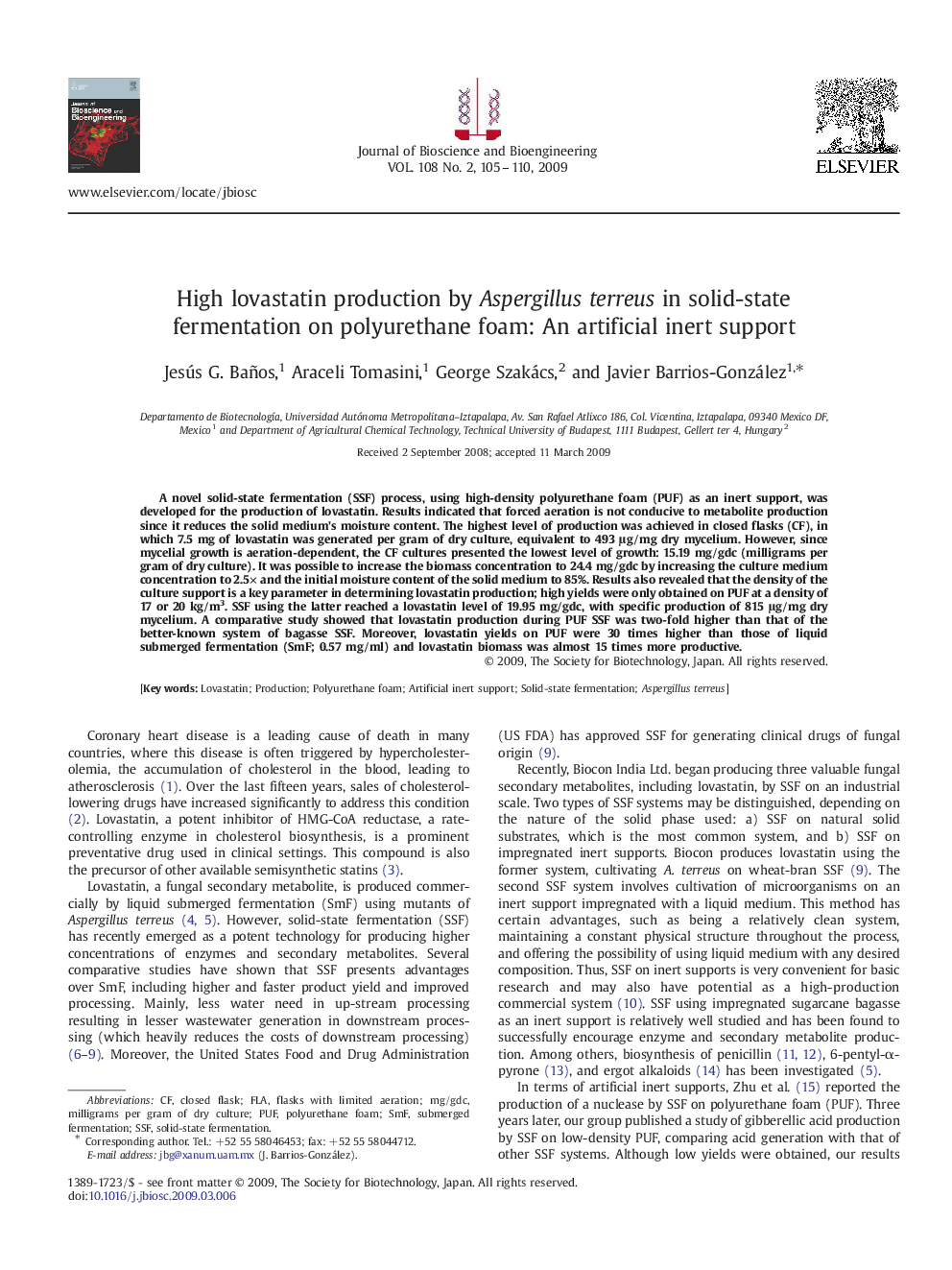 High lovastatin production by Aspergillus terreus in solid-state fermentation on polyurethane foam: An artificial inert support