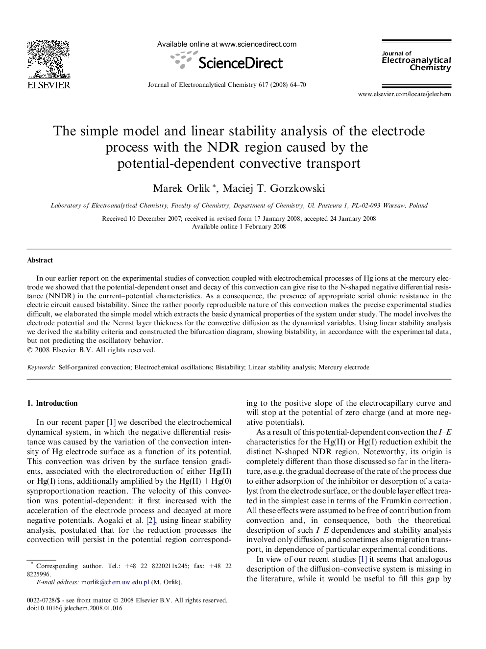 The simple model and linear stability analysis of the electrode process with the NDR region caused by the potential-dependent convective transport