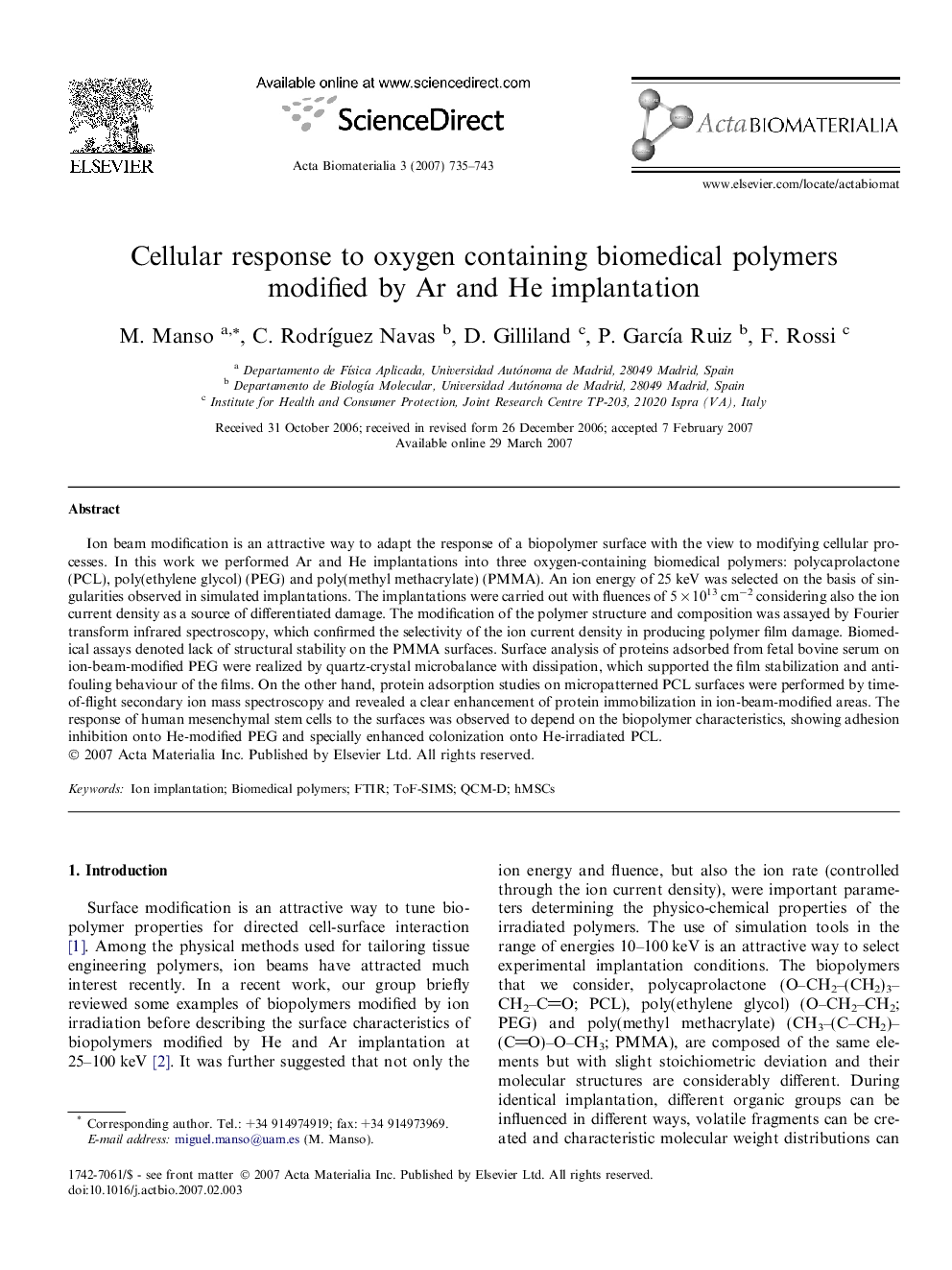 Cellular response to oxygen containing biomedical polymers modified by Ar and He implantation