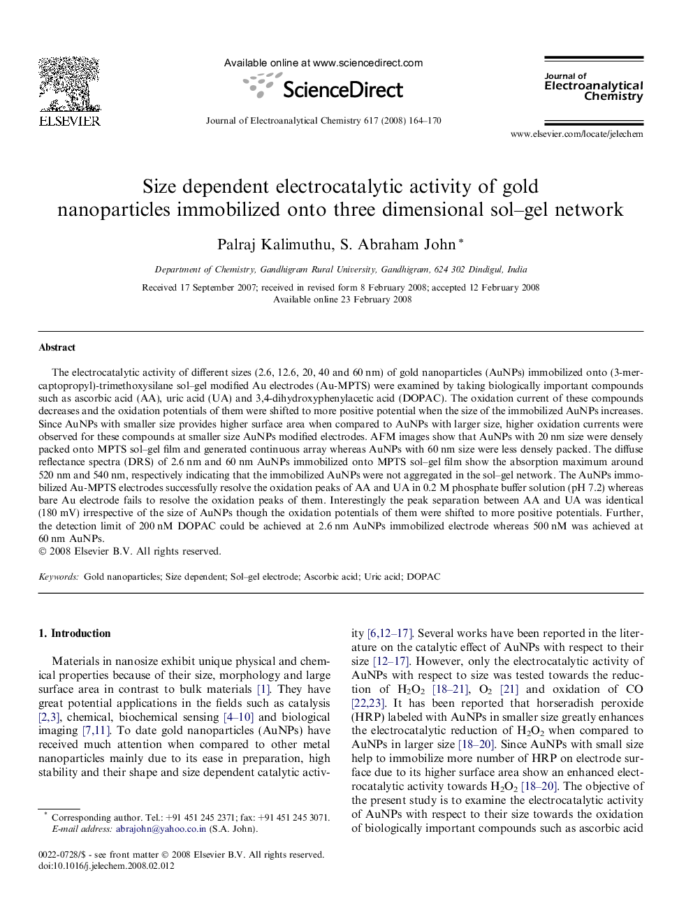 Size dependent electrocatalytic activity of gold nanoparticles immobilized onto three dimensional sol–gel network