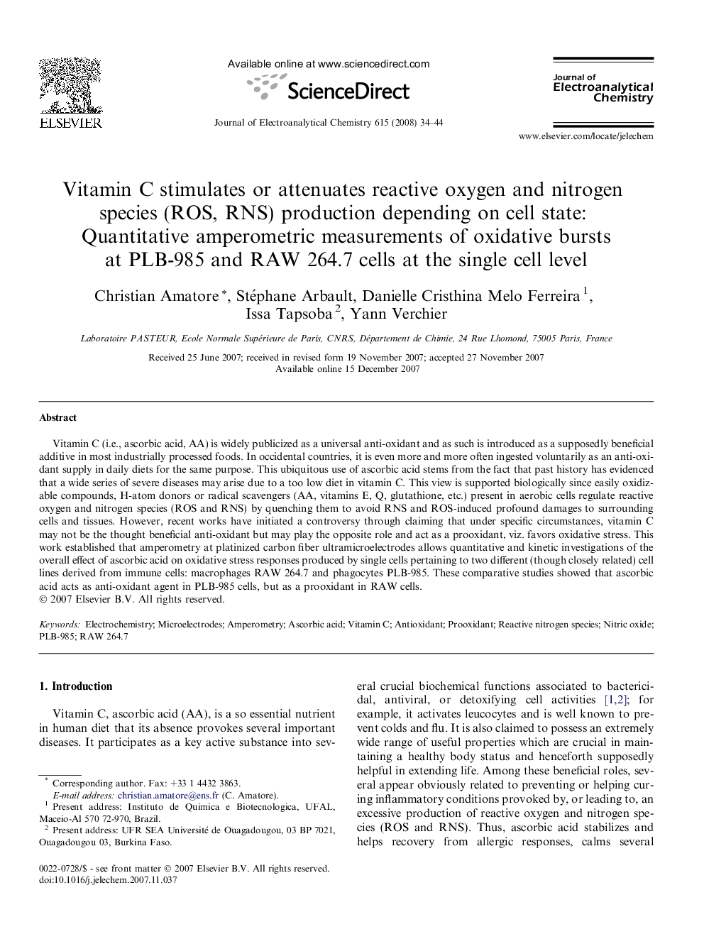 Vitamin C stimulates or attenuates reactive oxygen and nitrogen species (ROS, RNS) production depending on cell state: Quantitative amperometric measurements of oxidative bursts at PLB-985 and RAW 264.7 cells at the single cell level