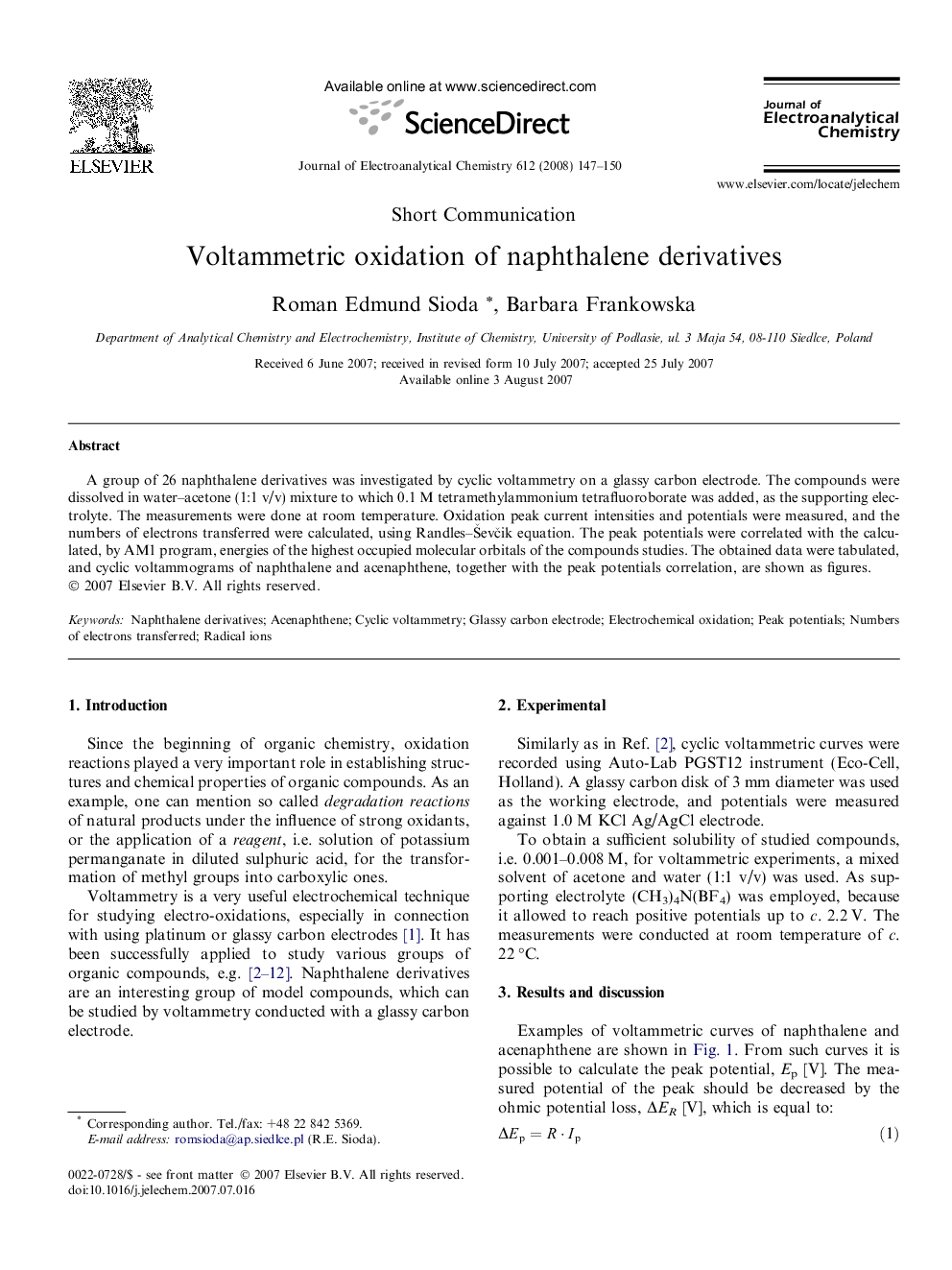 Voltammetric oxidation of naphthalene derivatives