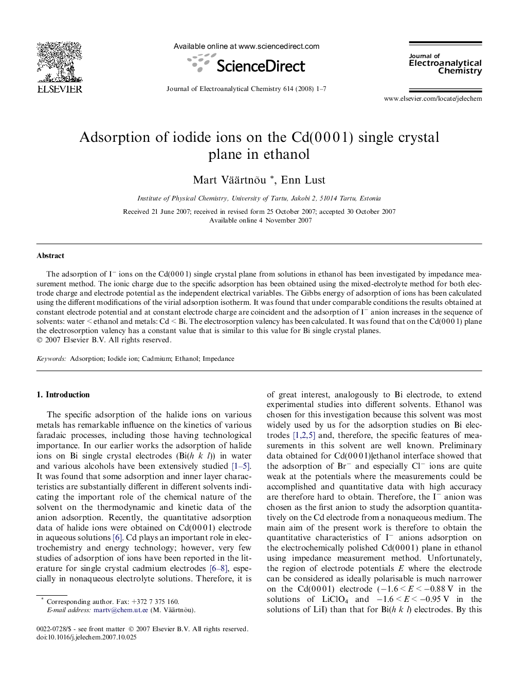 Adsorption of iodide ions on the Cd(0 0 0 1) single crystal plane in ethanol
