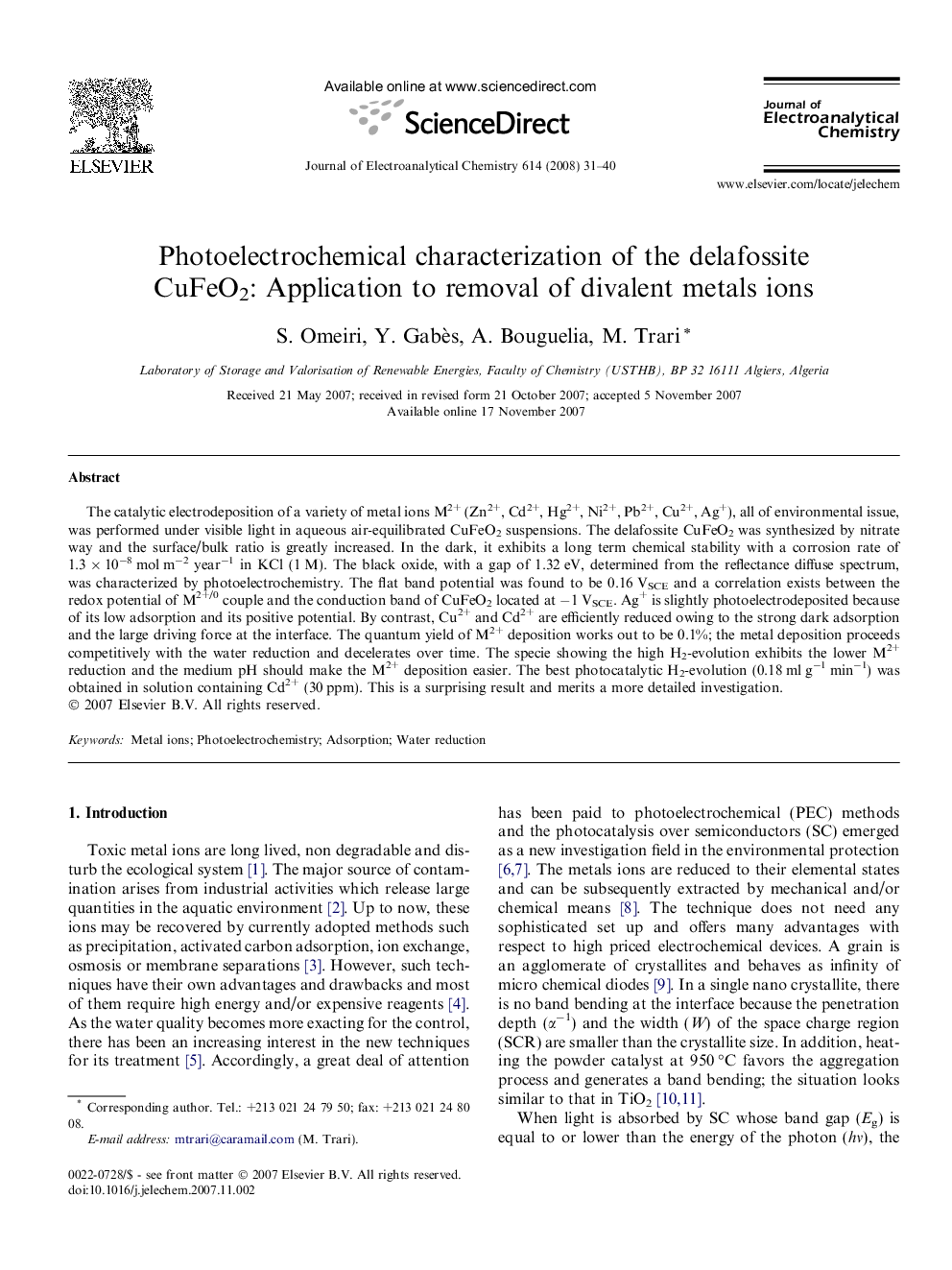 Photoelectrochemical characterization of the delafossite CuFeO2: Application to removal of divalent metals ions