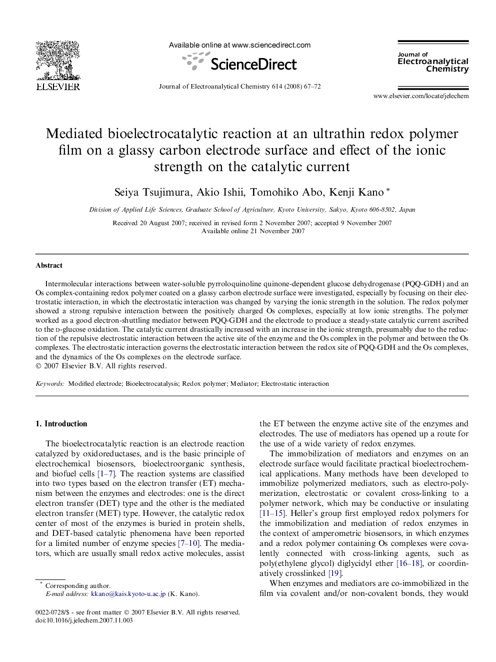 Mediated bioelectrocatalytic reaction at an ultrathin redox polymer film on a glassy carbon electrode surface and effect of the ionic strength on the catalytic current