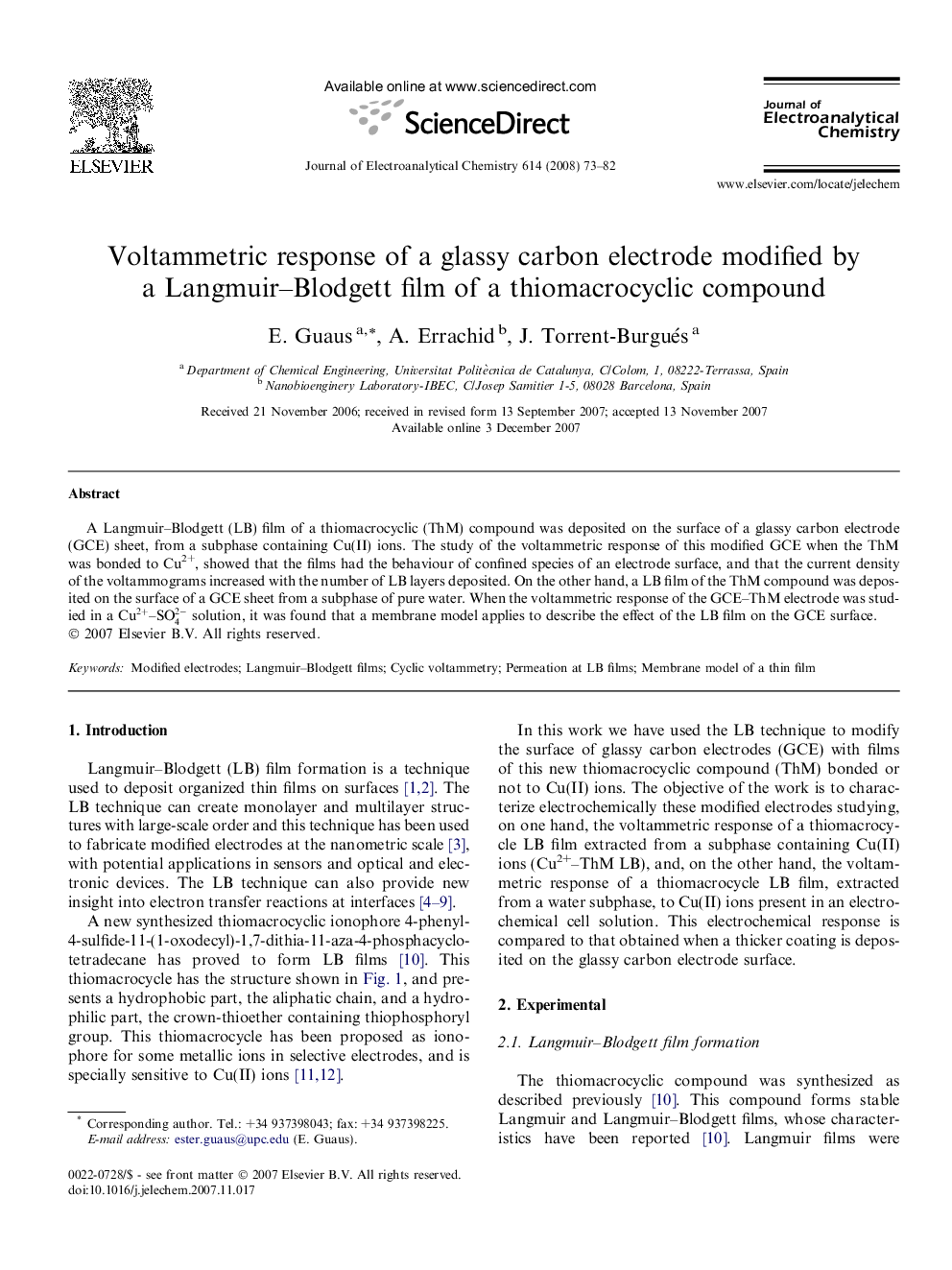 Voltammetric response of a glassy carbon electrode modified by a Langmuir–Blodgett film of a thiomacrocyclic compound