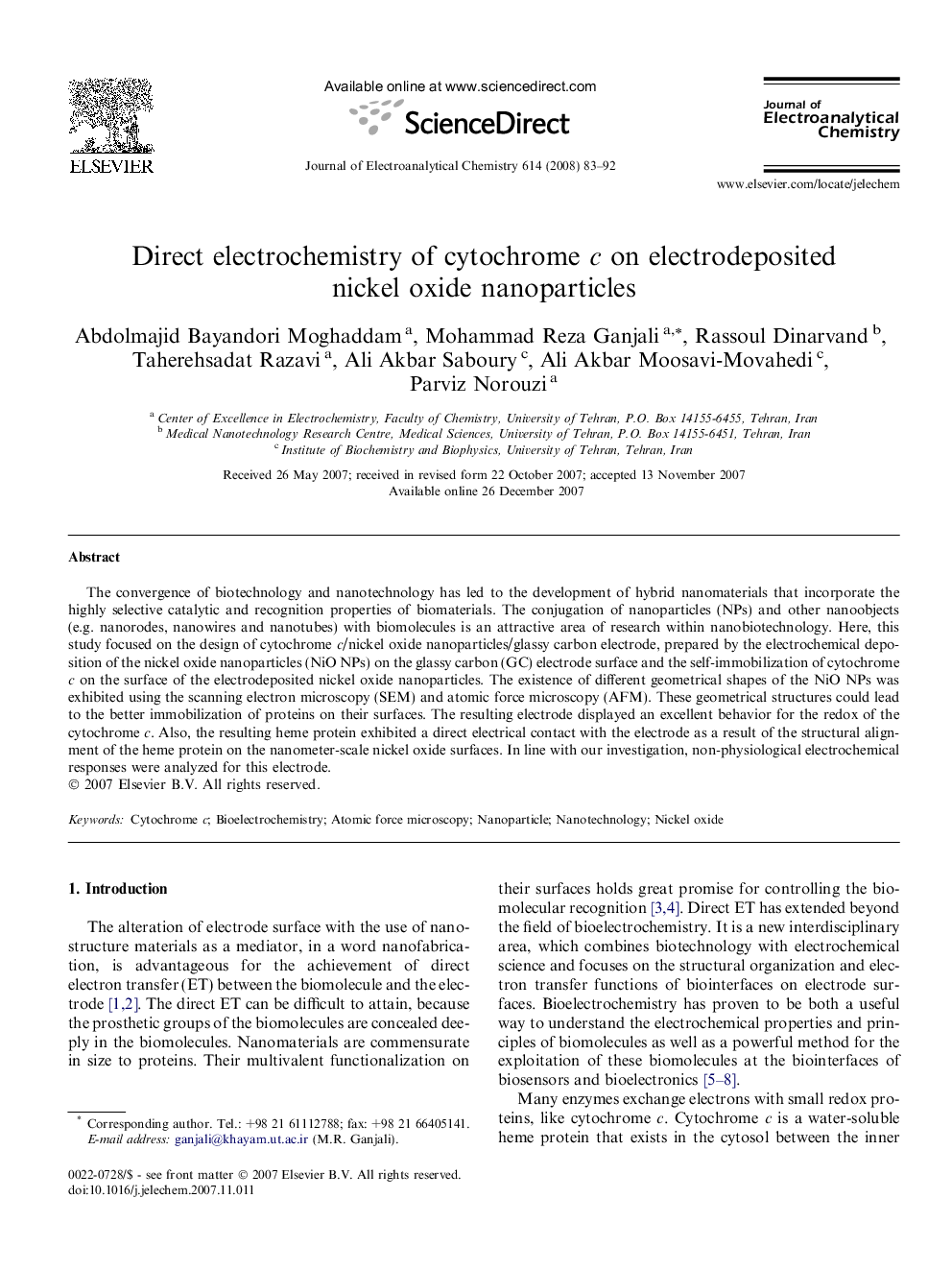 Direct electrochemistry of cytochrome c on electrodeposited nickel oxide nanoparticles