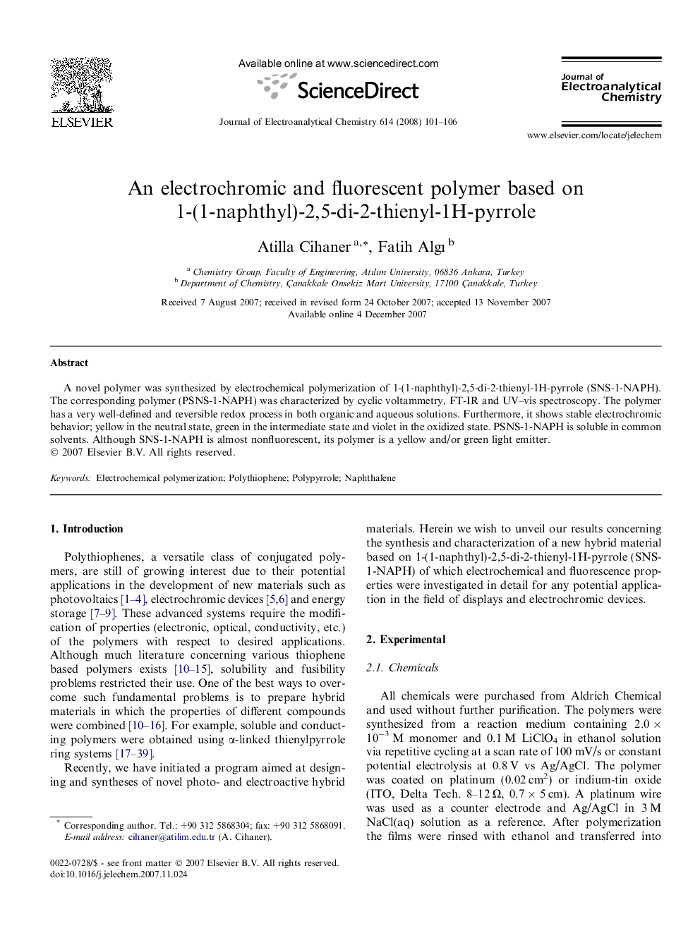 An electrochromic and fluorescent polymer based on 1-(1-naphthyl)-2,5-di-2-thienyl-1H-pyrrole