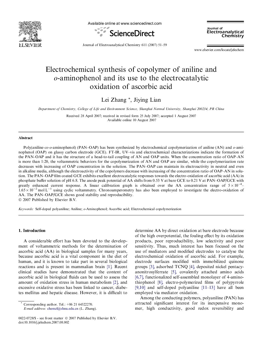 Electrochemical synthesis of copolymer of aniline and o-aminophenol and its use to the electrocatalytic oxidation of ascorbic acid