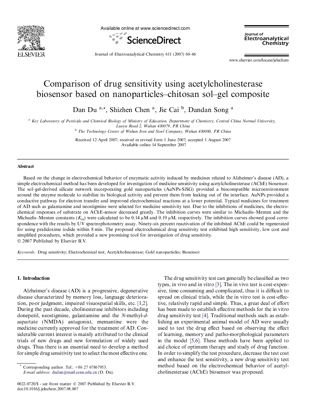 Comparison of drug sensitivity using acetylcholinesterase biosensor based on nanoparticles–chitosan sol–gel composite