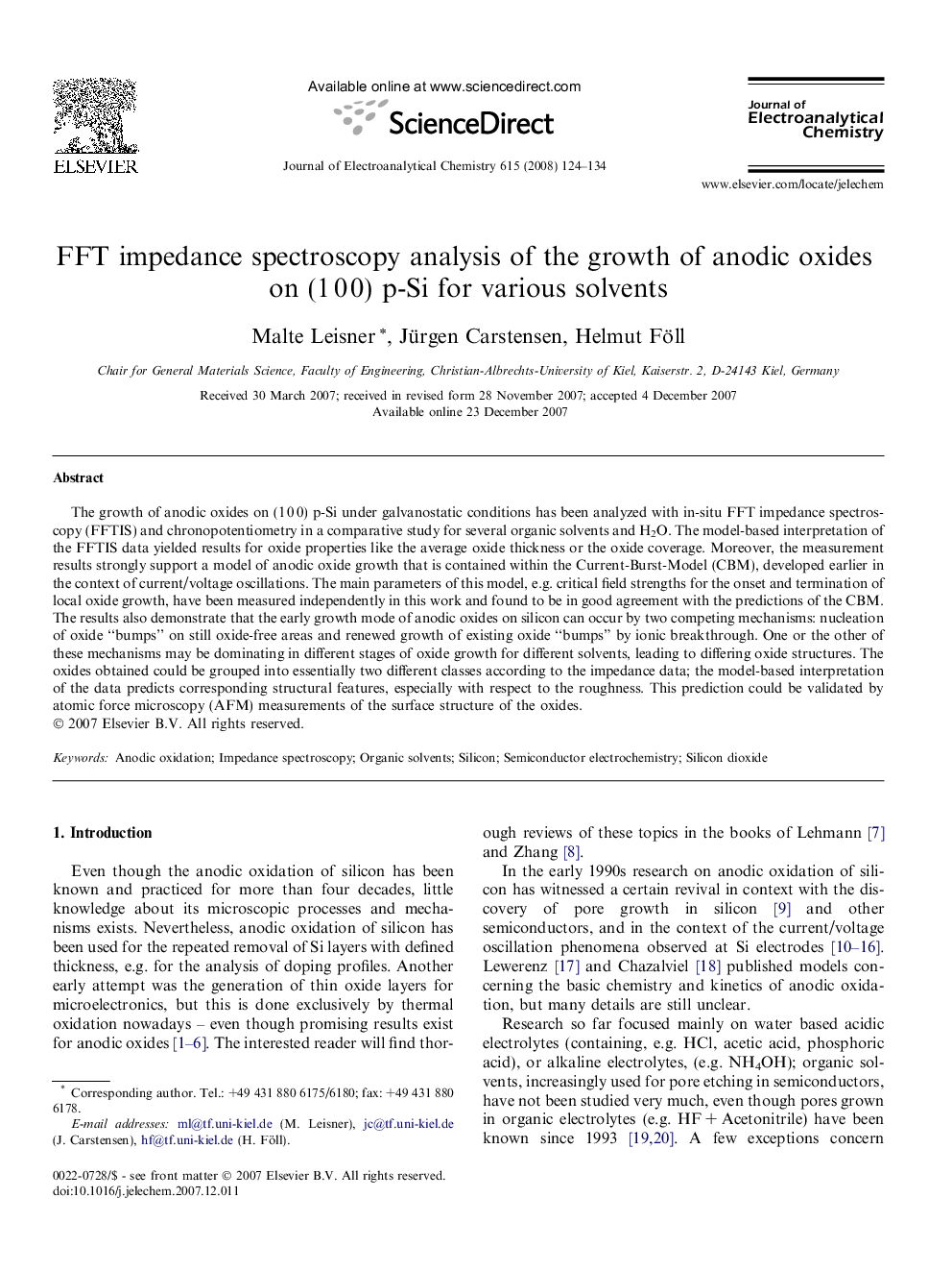 FFT impedance spectroscopy analysis of the growth of anodic oxides on (1 0 0) p-Si for various solvents