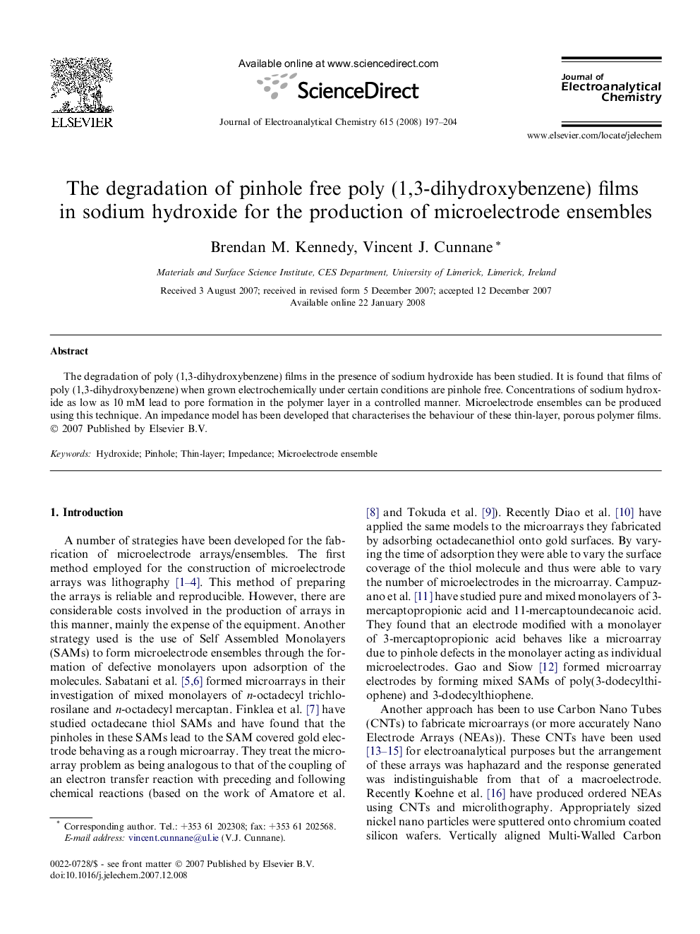 The degradation of pinhole free poly (1,3-dihydroxybenzene) films in sodium hydroxide for the production of microelectrode ensembles