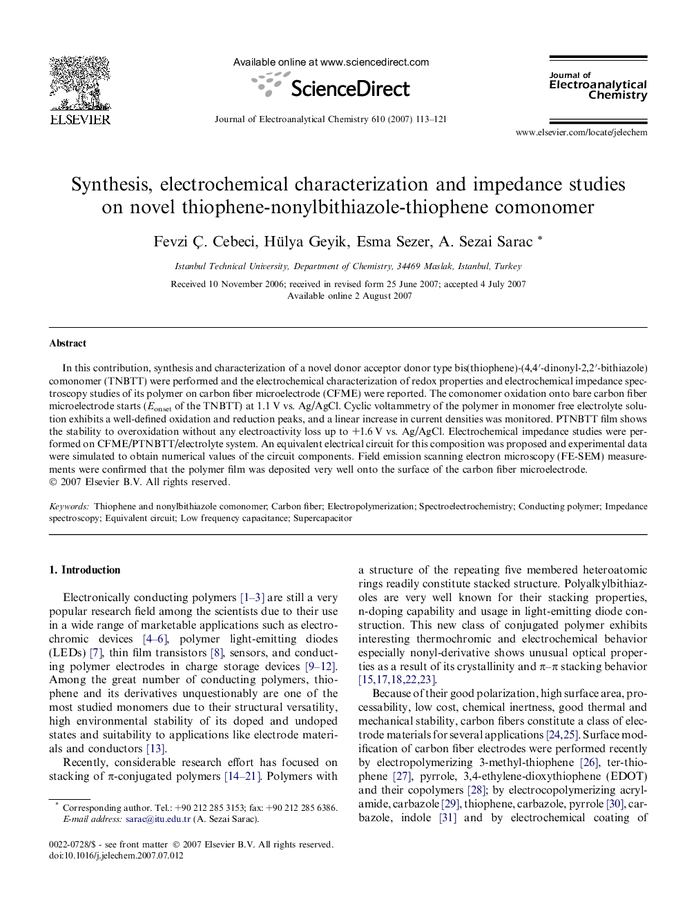 Synthesis, electrochemical characterization and impedance studies on novel thiophene-nonylbithiazole-thiophene comonomer