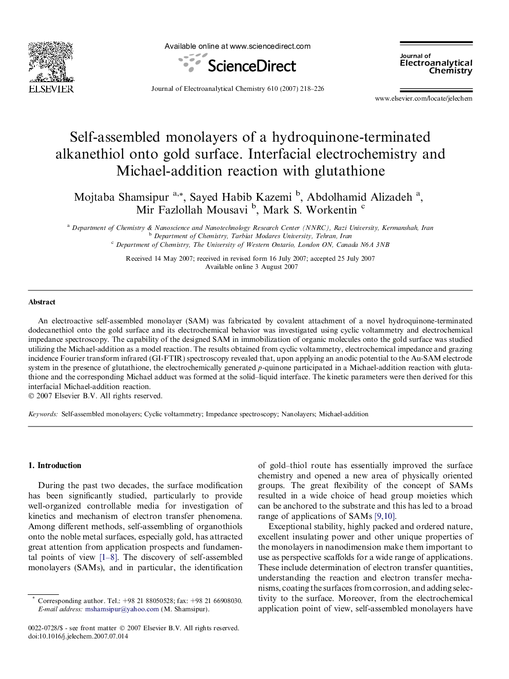 Self-assembled monolayers of a hydroquinone-terminated alkanethiol onto gold surface. Interfacial electrochemistry and Michael-addition reaction with glutathione