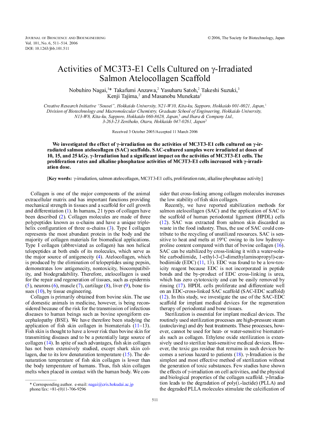 Activities of MC3T3-E1 cells cultured on γ-irradiated salmon atelocollagen scaffold