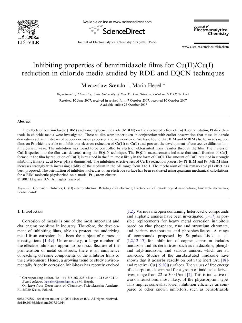 Inhibiting properties of benzimidazole films for Cu(II)/Cu(I) reduction in chloride media studied by RDE and EQCN techniques