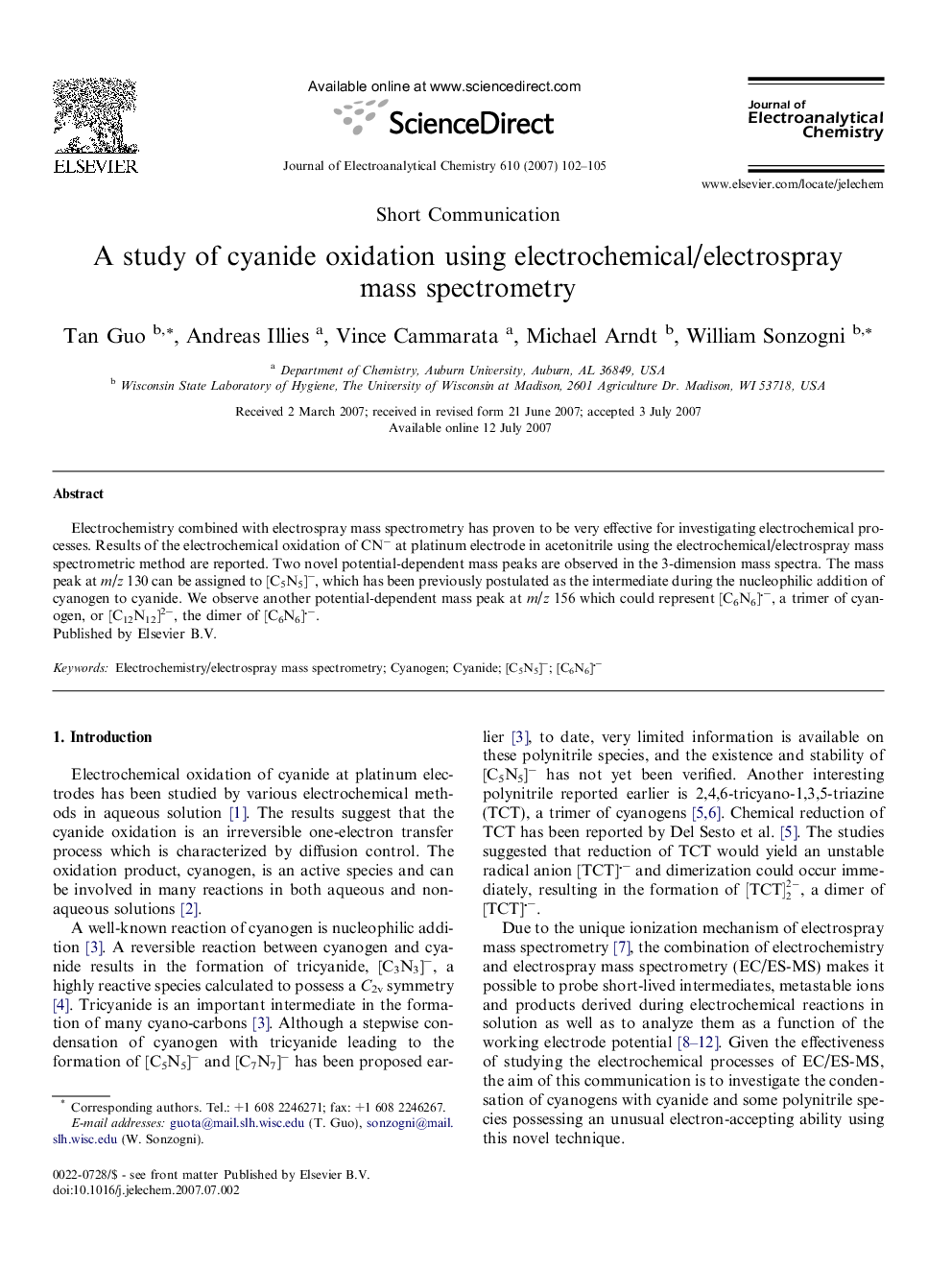 A study of cyanide oxidation using electrochemical/electrospray mass spectrometry