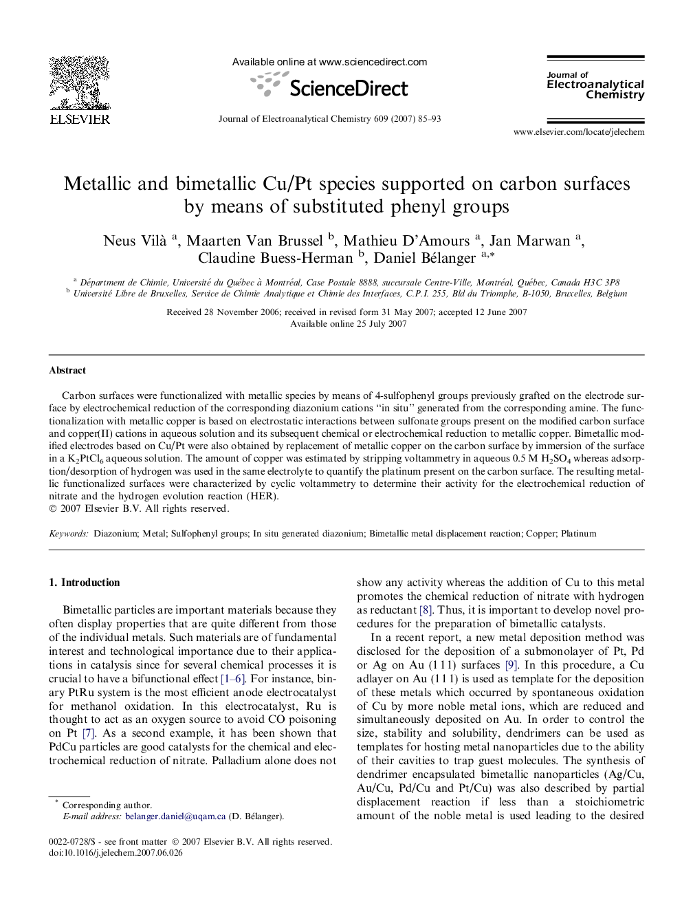 Metallic and bimetallic Cu/Pt species supported on carbon surfaces by means of substituted phenyl groups