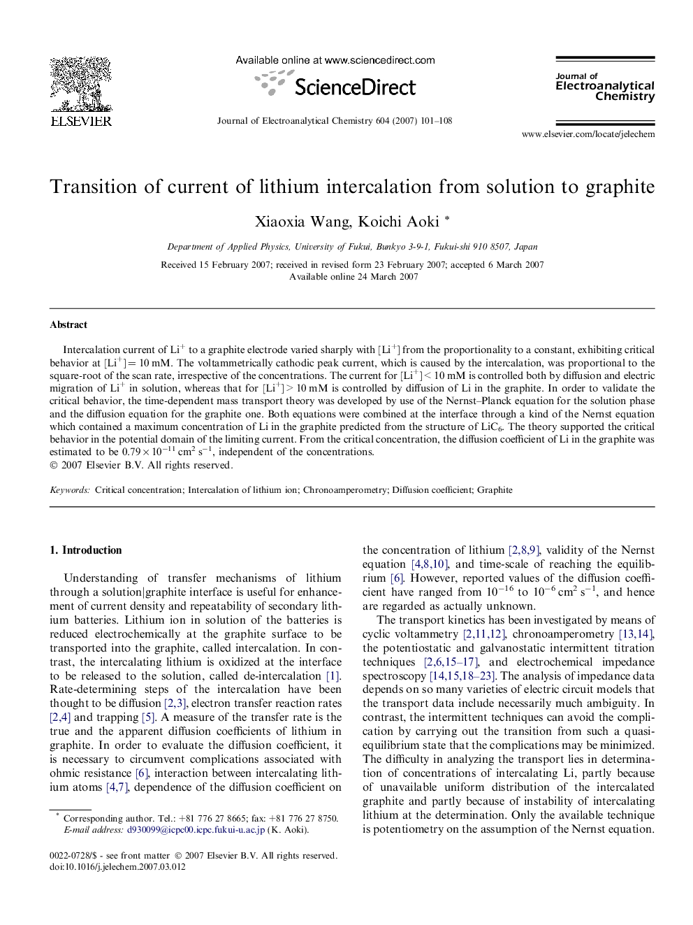 Transition of current of lithium intercalation from solution to graphite