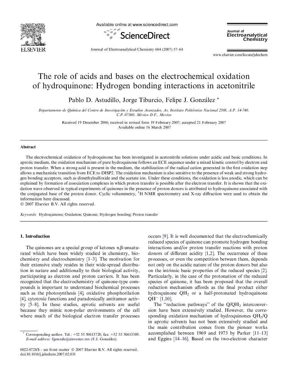 The role of acids and bases on the electrochemical oxidation of hydroquinone: Hydrogen bonding interactions in acetonitrile