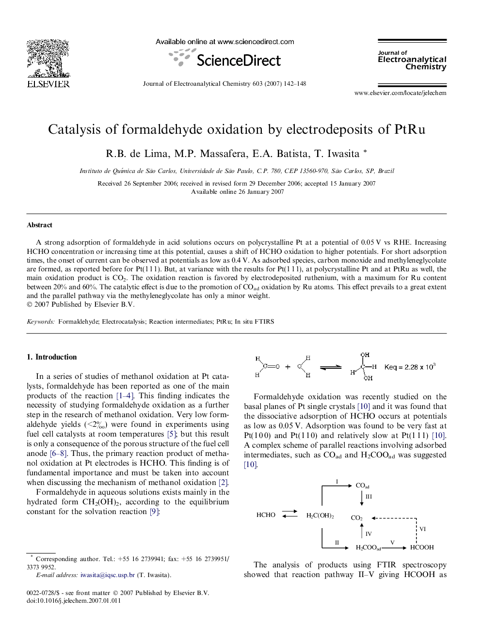 Catalysis of formaldehyde oxidation by electrodeposits of PtRu