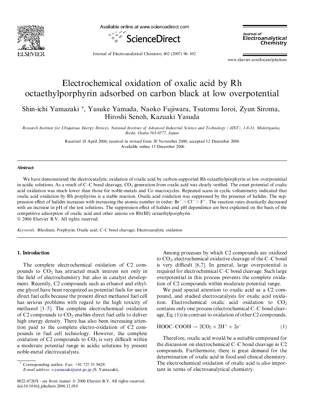 Electrochemical oxidation of oxalic acid by Rh octaethylporphyrin adsorbed on carbon black at low overpotential