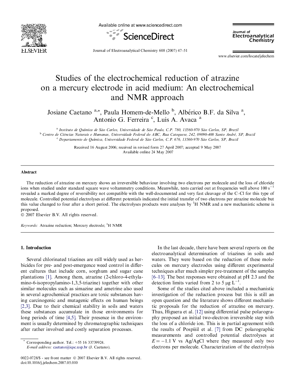 Studies of the electrochemical reduction of atrazine on a mercury electrode in acid medium: An electrochemical and NMR approach