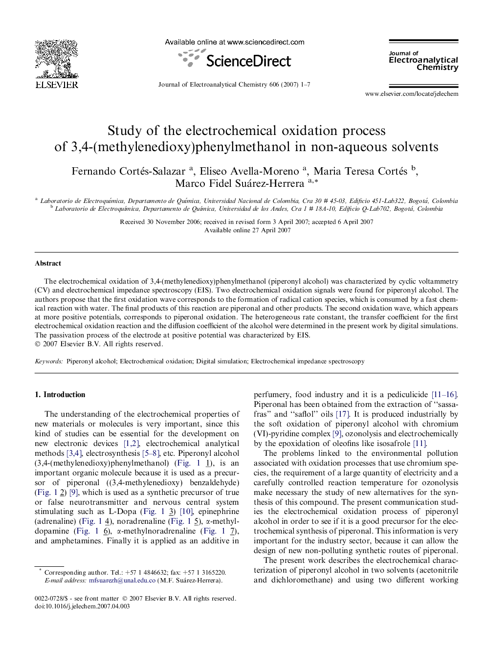 Study of the electrochemical oxidation process of 3,4-(methylenedioxy)phenylmethanol in non-aqueous solvents