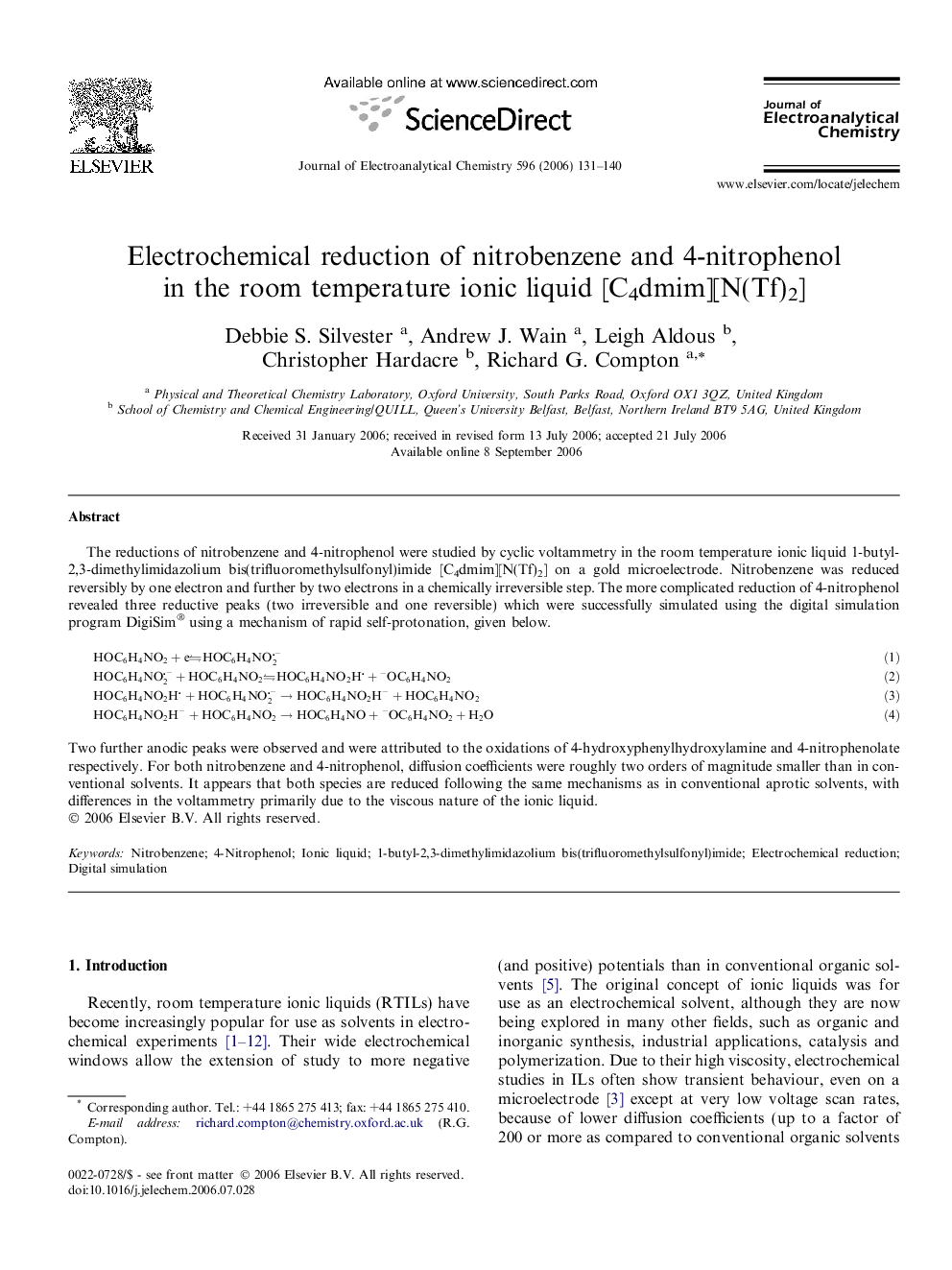 Electrochemical reduction of nitrobenzene and 4-nitrophenol in the room temperature ionic liquid [C4dmim][N(Tf)2]