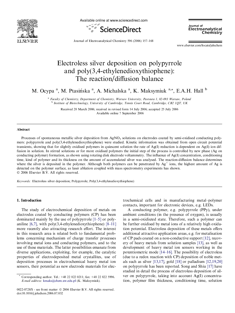 Electroless silver deposition on polypyrrole and poly(3,4-ethylenedioxythiophene): The reaction/diffusion balance