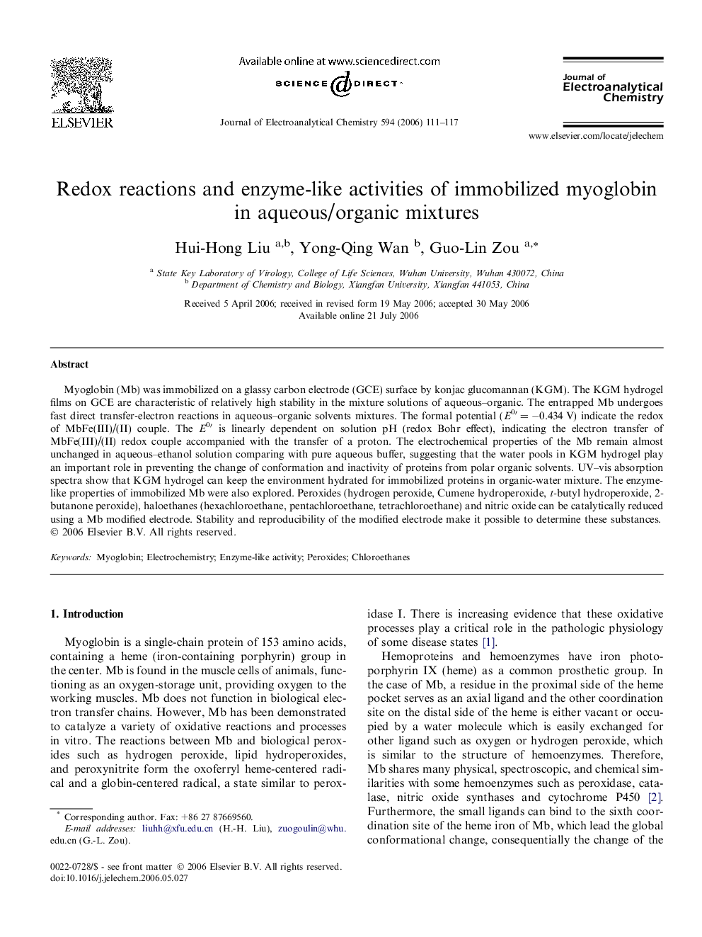 Redox reactions and enzyme-like activities of immobilized myoglobin in aqueous/organic mixtures