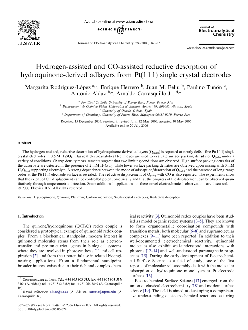 Hydrogen-assisted and CO-assisted reductive desorption of hydroquinone-derived adlayers from Pt(1 1 1) single crystal electrodes