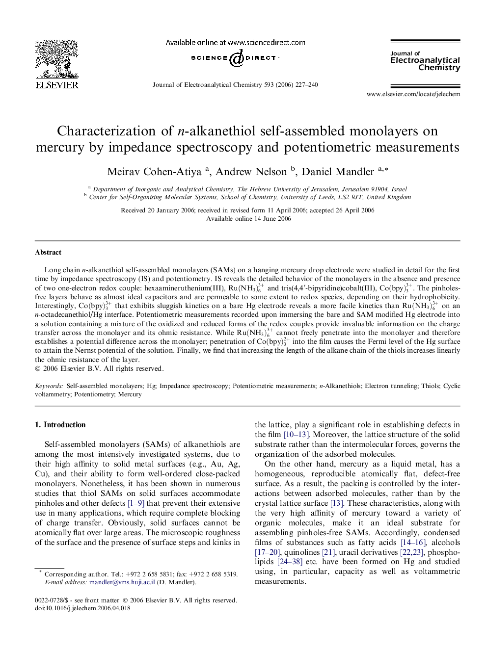 Characterization of n-alkanethiol self-assembled monolayers on mercury by impedance spectroscopy and potentiometric measurements