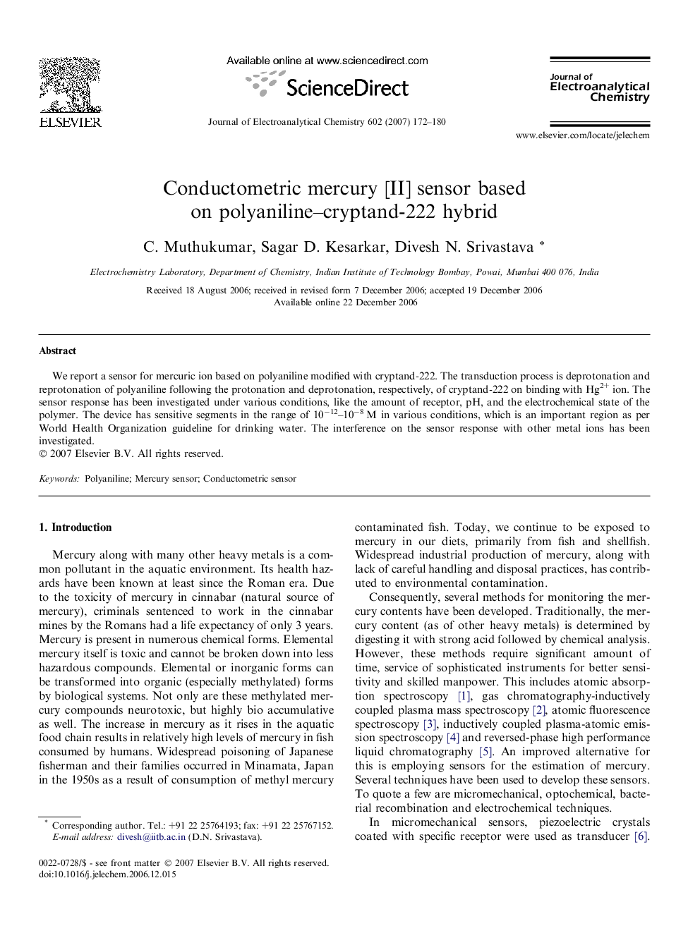 Conductometric mercury [II] sensor based on polyaniline–cryptand-222 hybrid