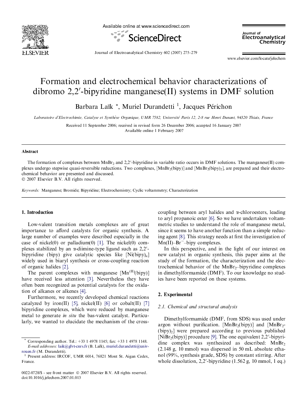 Formation and electrochemical behavior characterizations of dibromo 2,2′-bipyridine manganese(II) systems in DMF solution