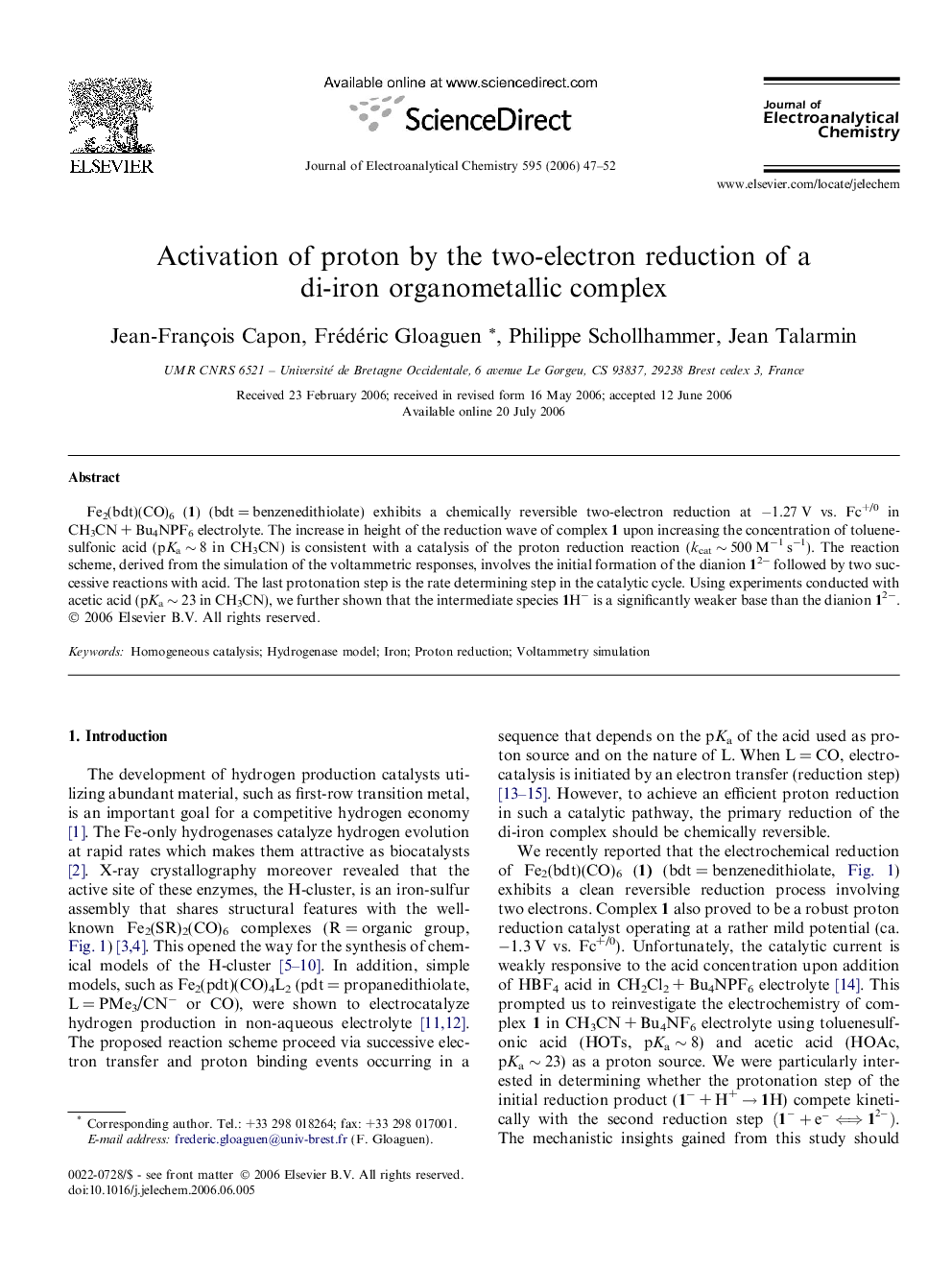 Activation of proton by the two-electron reduction of a di-iron organometallic complex