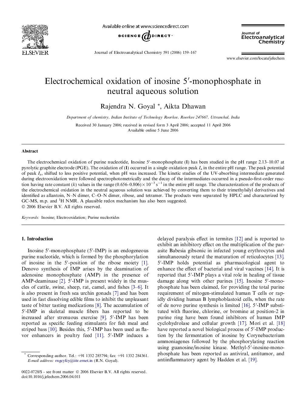 Electrochemical oxidation of inosine 5′-monophosphate in neutral aqueous solution