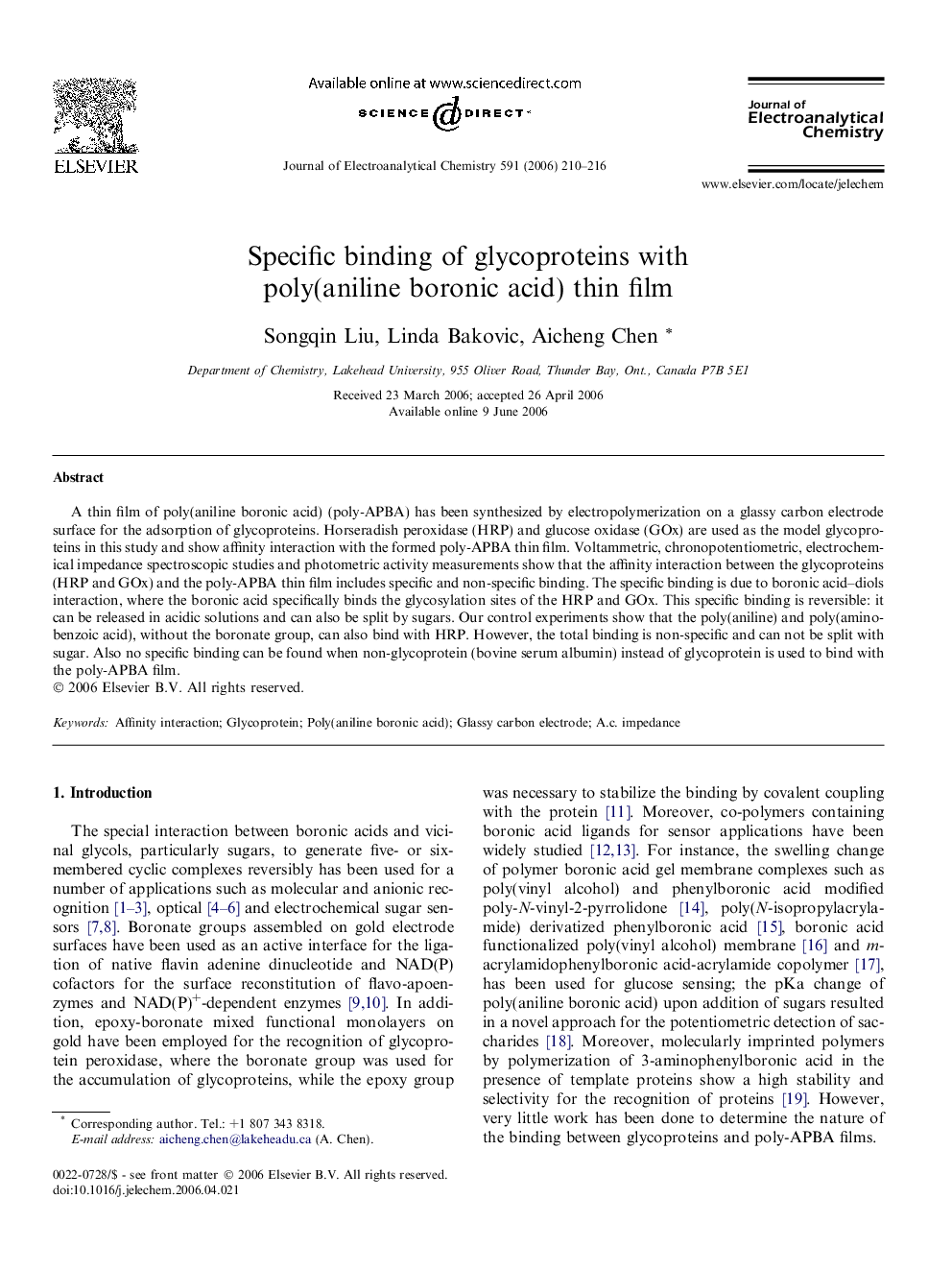 عکس صفحه اول مقاله: Specific binding of glycoproteins with poly(aniline boronic acid) thin film Specific binding of glycoproteins with poly(aniline boronic acid) thin film