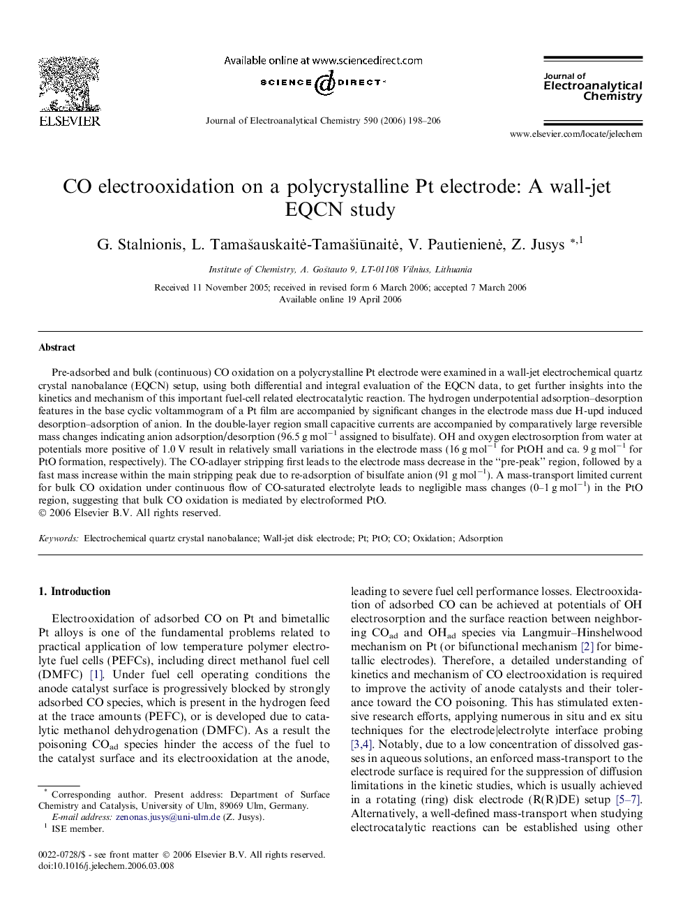 CO electrooxidation on a polycrystalline Pt electrode: A wall-jet EQCN study