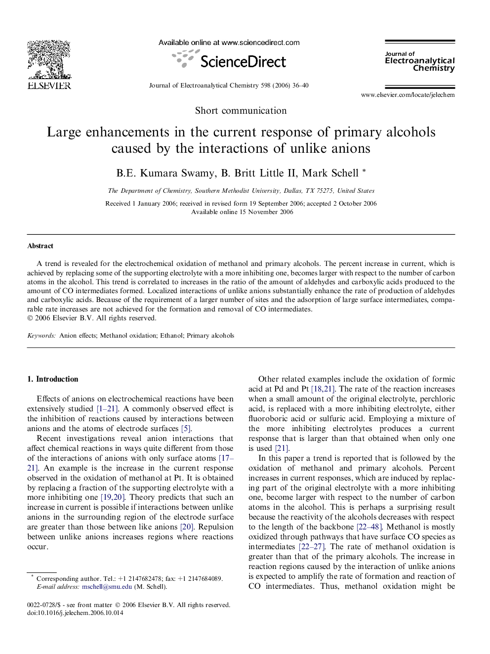 Large enhancements in the current response of primary alcohols caused by the interactions of unlike anions