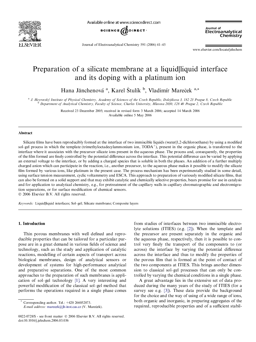 Preparation of a silicate membrane at a liquid|liquid interface and its doping with a platinum ion