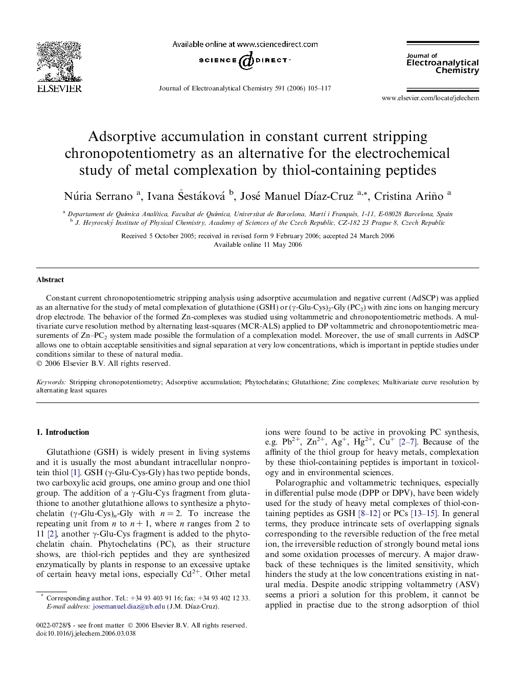 Adsorptive accumulation in constant current stripping chronopotentiometry as an alternative for the electrochemical study of metal complexation by thiol-containing peptides