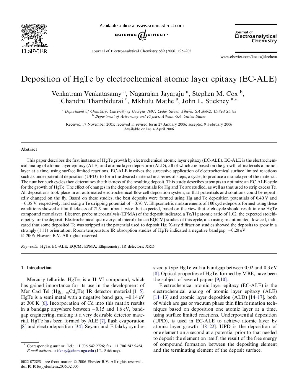 Deposition of HgTe by electrochemical atomic layer epitaxy (EC-ALE)