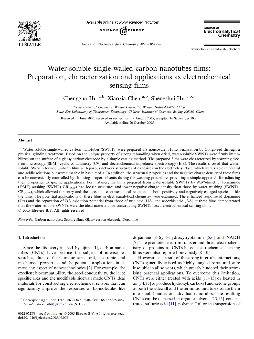 Water-soluble single-walled carbon nanotubes films: Preparation, characterization and applications as electrochemical sensing films