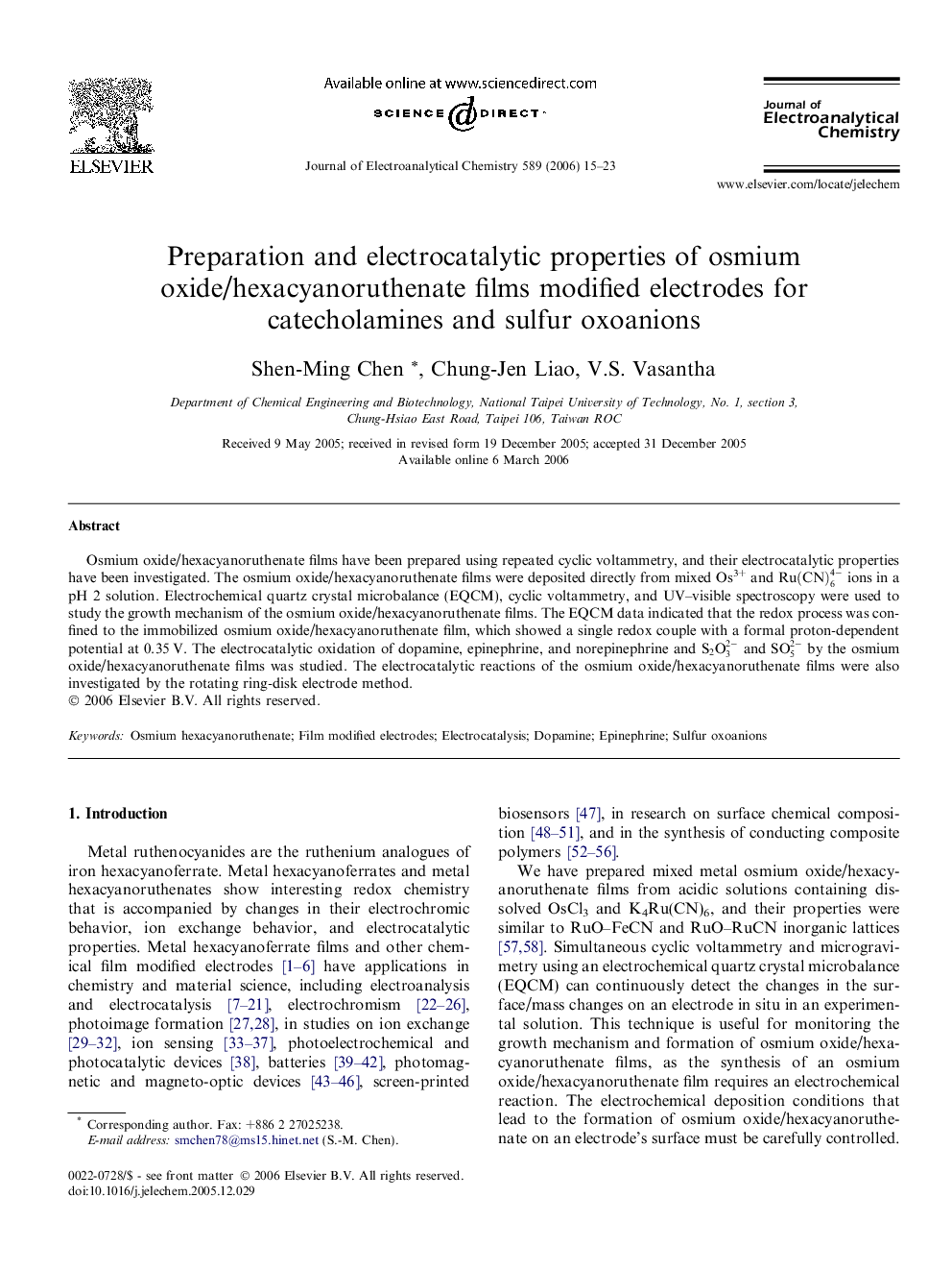 Preparation and electrocatalytic properties of osmium oxide/hexacyanoruthenate films modified electrodes for catecholamines and sulfur oxoanions