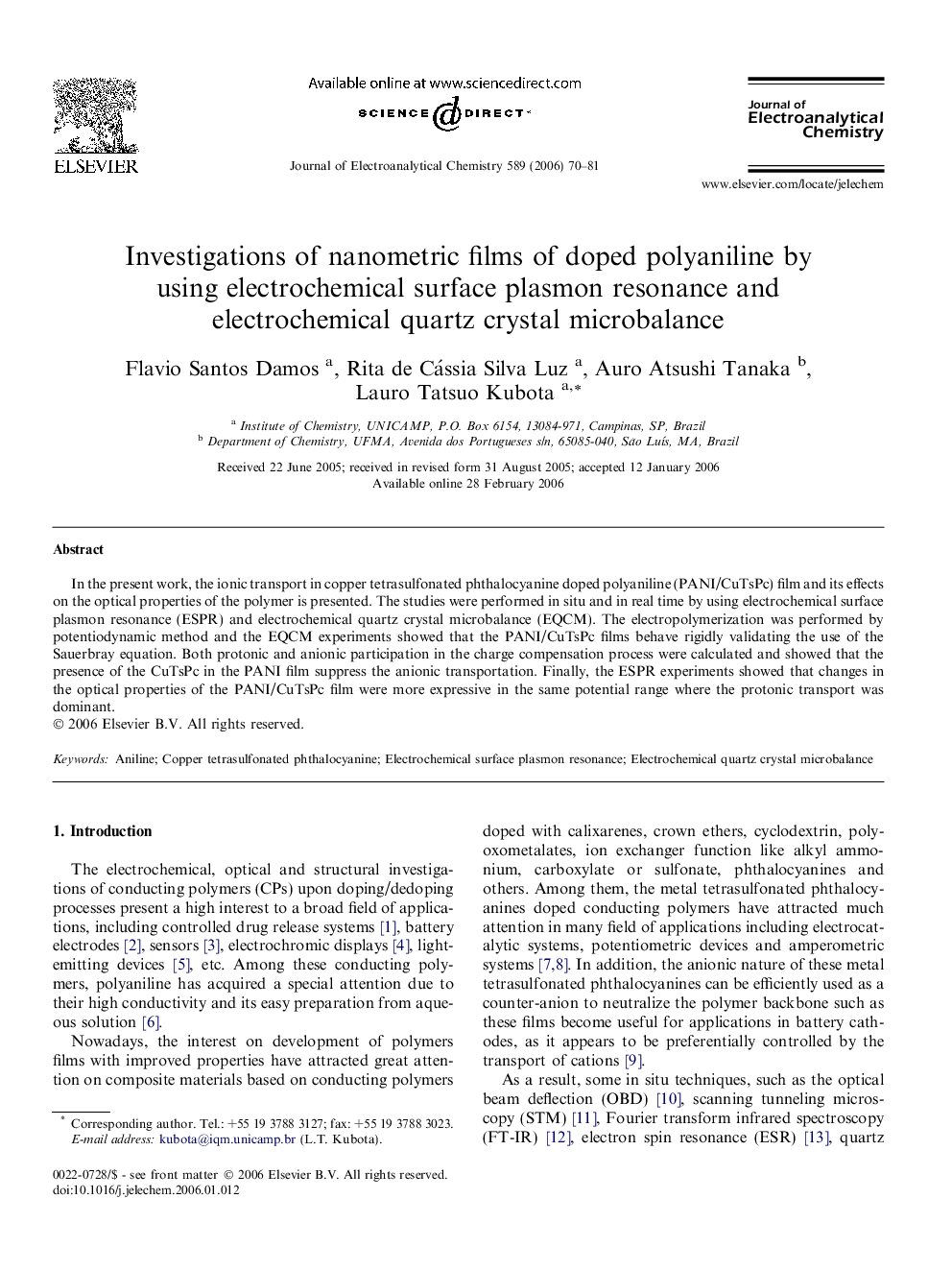 Investigations of nanometric films of doped polyaniline by using electrochemical surface plasmon resonance and electrochemical quartz crystal microbalance