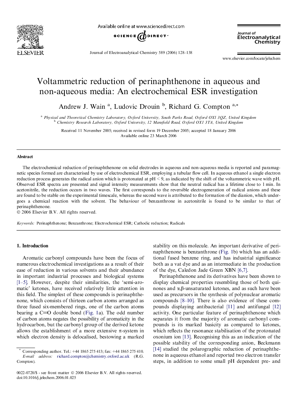 Voltammetric reduction of perinaphthenone in aqueous and non-aqueous media: An electrochemical ESR investigation